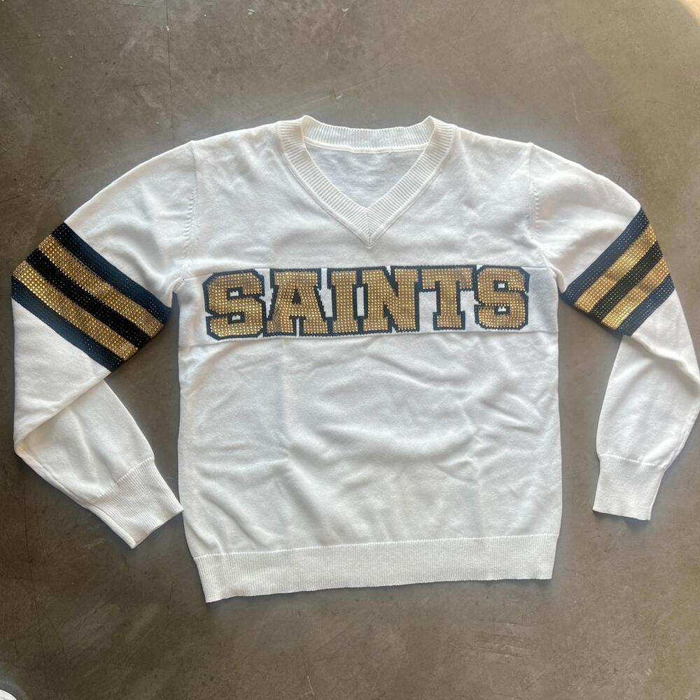 NWOT - NEW ORLEANS SAINTS Rhinestone V-Neck Sweater - Size S